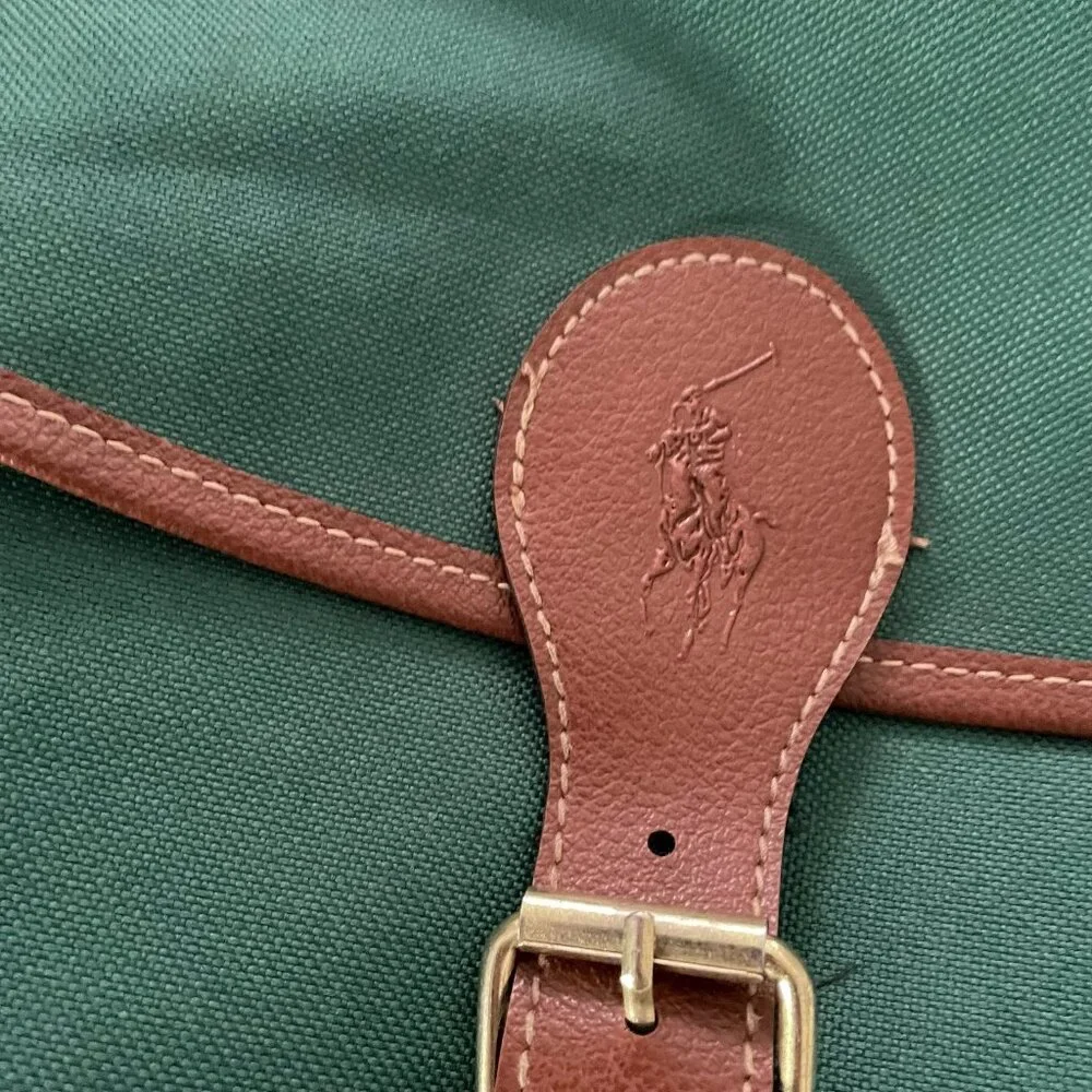 Vintage 90s Ralph Lauren Weekender Messenger Bag Green Faux Leather Trim Strap